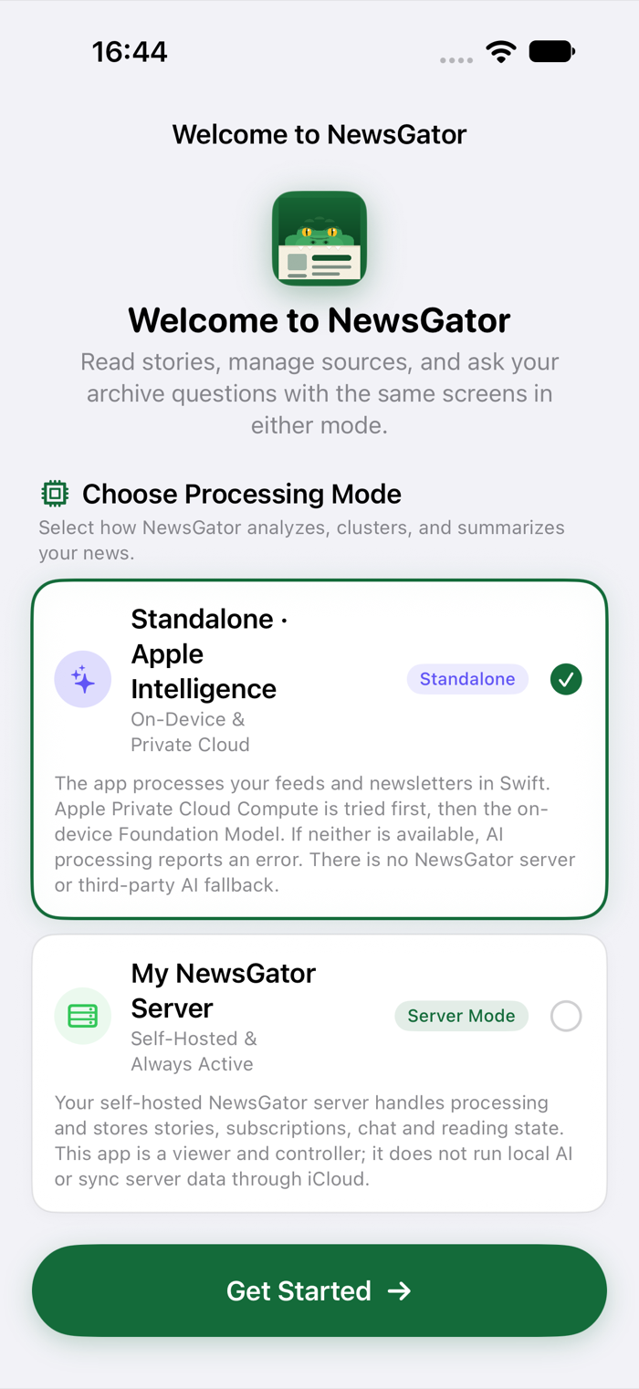 Choosing Standalone · Apple Intelligence mode instead of a server