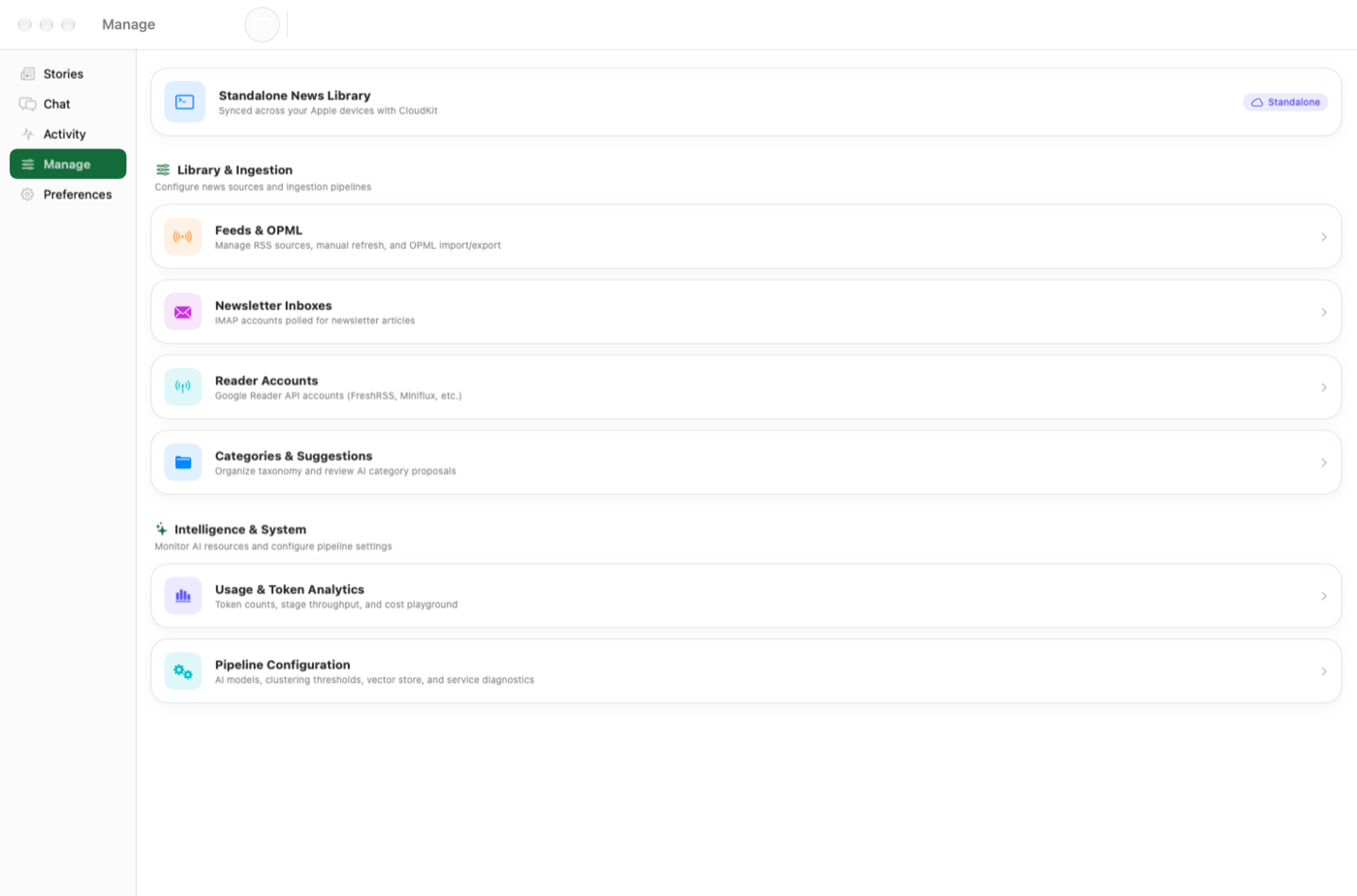Manage feeds, newsletters, reader accounts, categories, and the AI pipeline