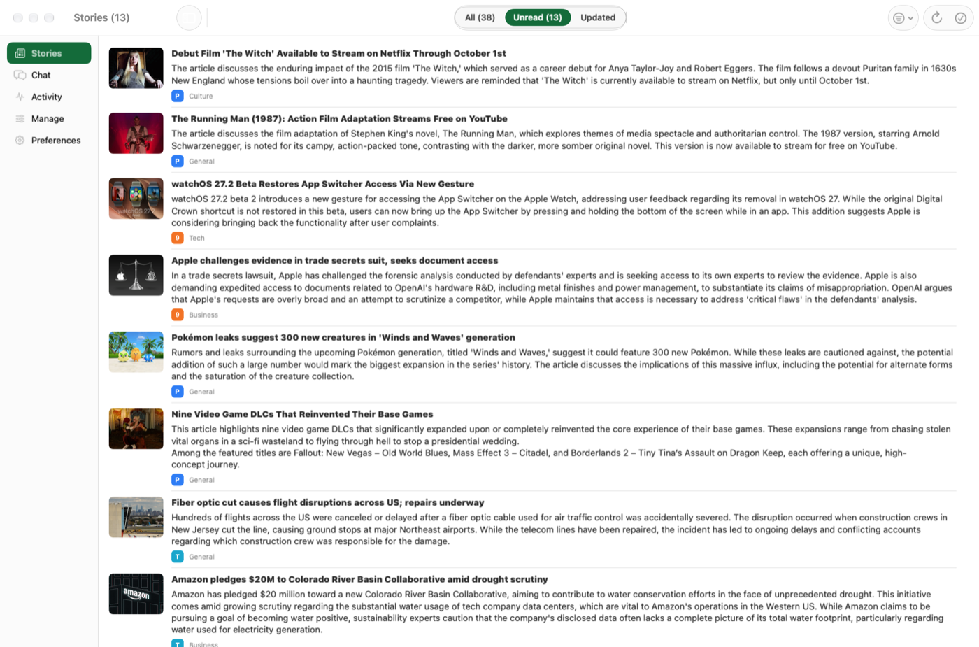 Stories list — one card per event, not per article