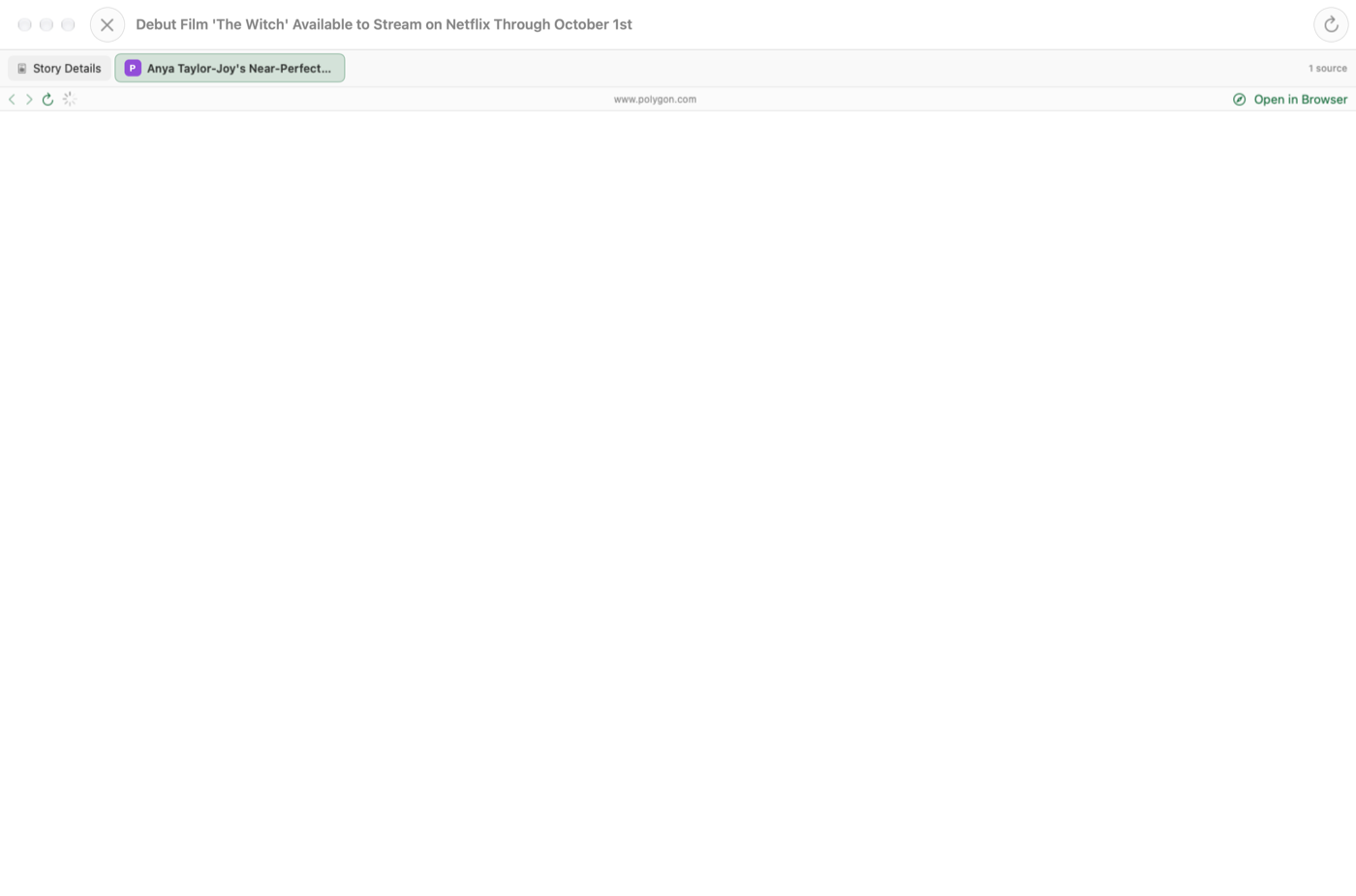 A source article opened in-app, loading the real publisher's website