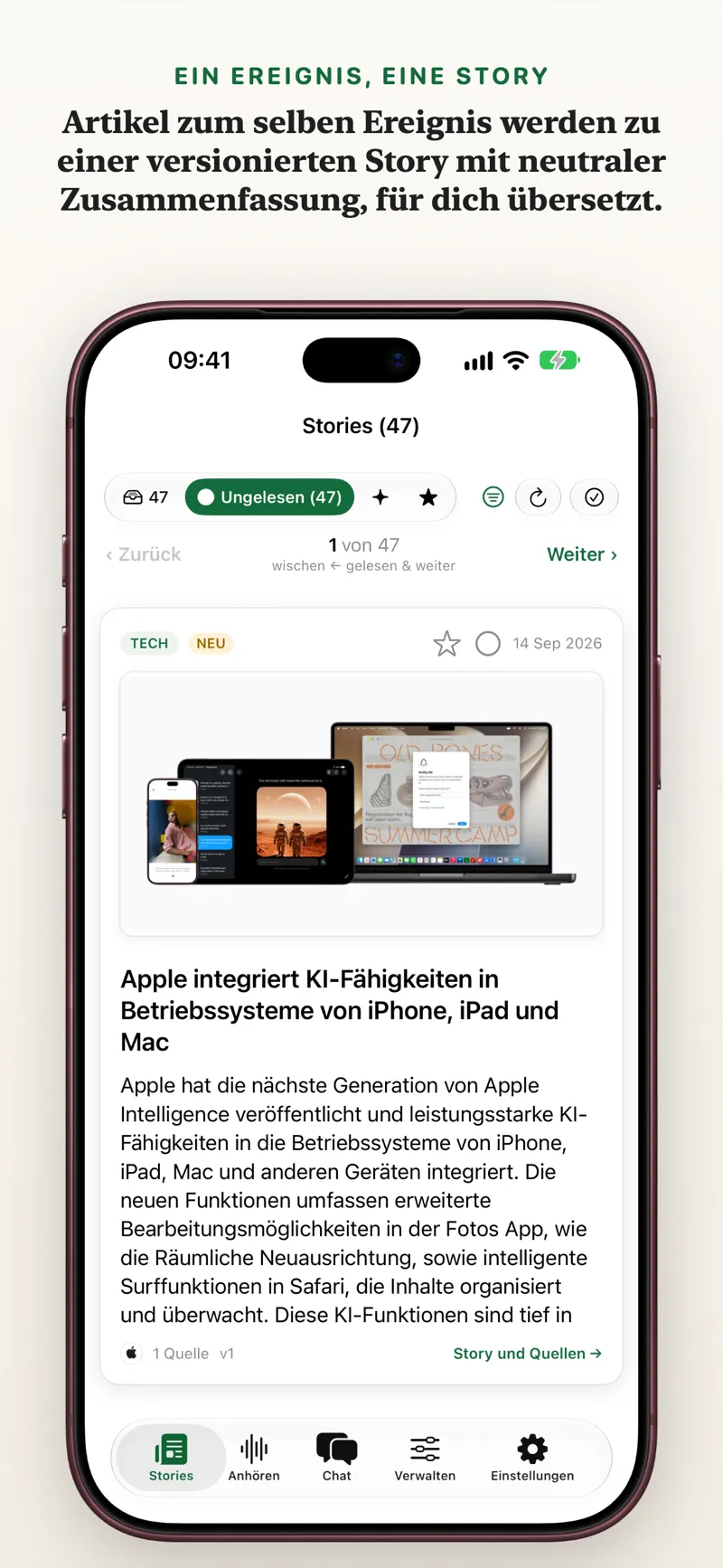 Story-Kartenansicht auf dem iPhone für schnelle Nachrichtenvorsortierung per Wischen