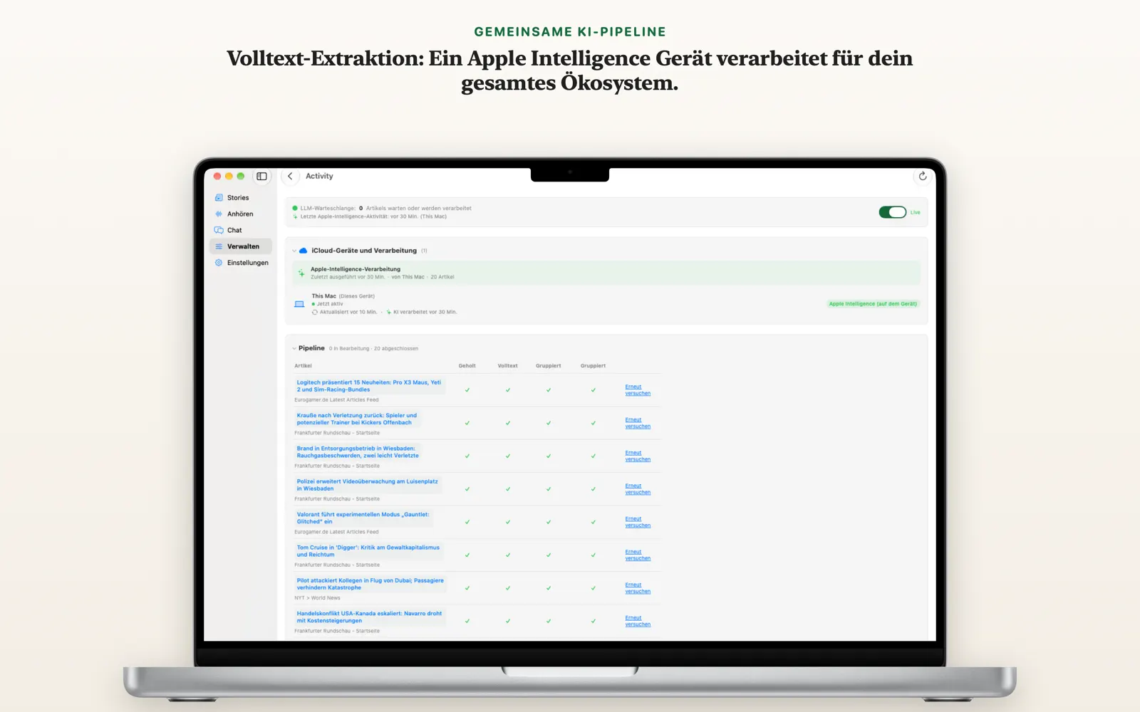 Aktivitätsansicht auf dem Mac mit der NewsGator-Verarbeitungspipeline und laufender Apple-Intelligence-Aktivität