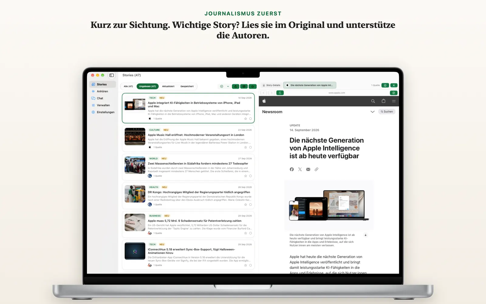 Story-Detailansicht auf dem Mac mit geöffneter Originalseite des Verlags neben der zusammengefassten Story