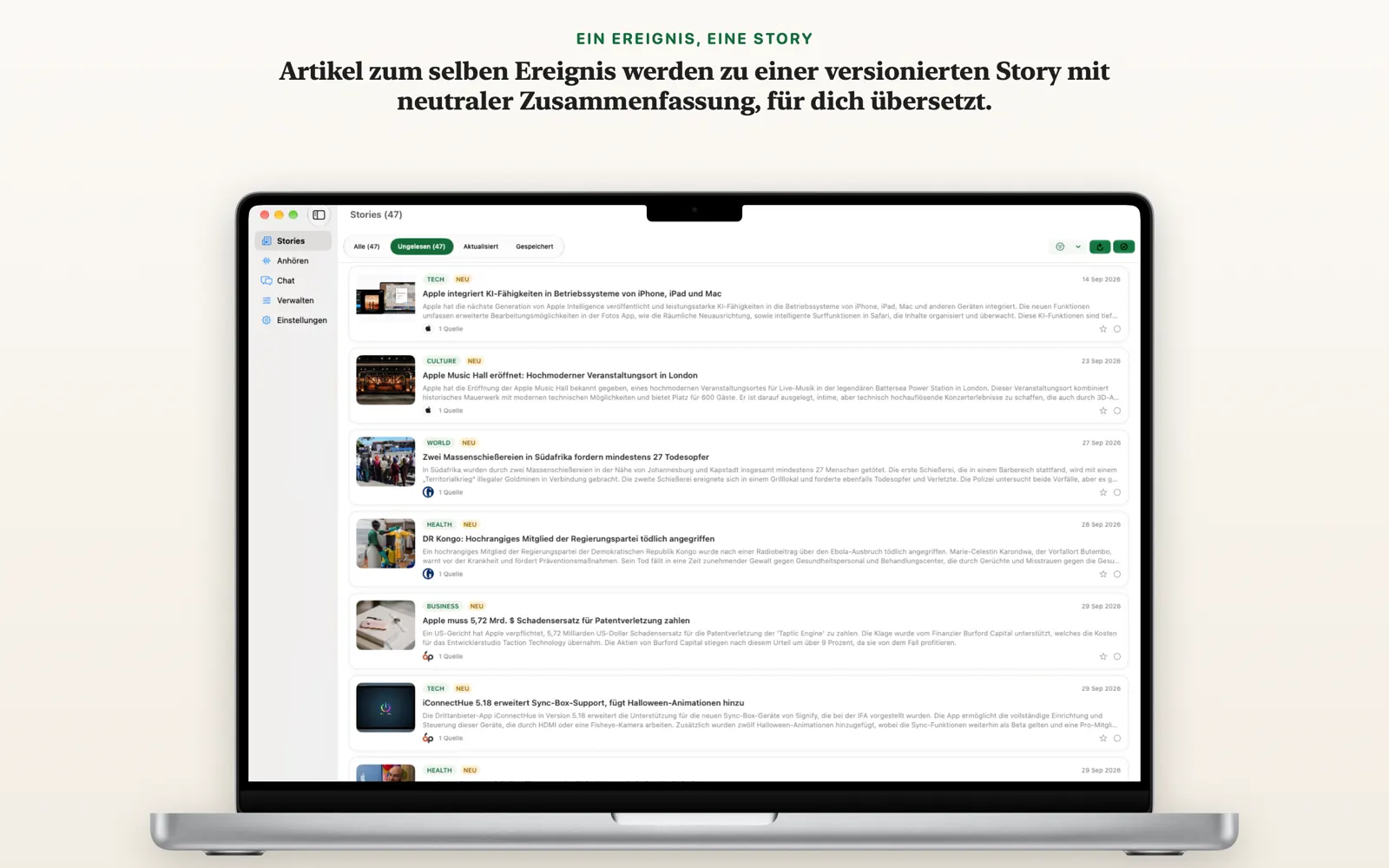 Stories-Ansicht auf dem Mac mit einer Karte pro Ereignis in der NewsGator-Vorsortierliste