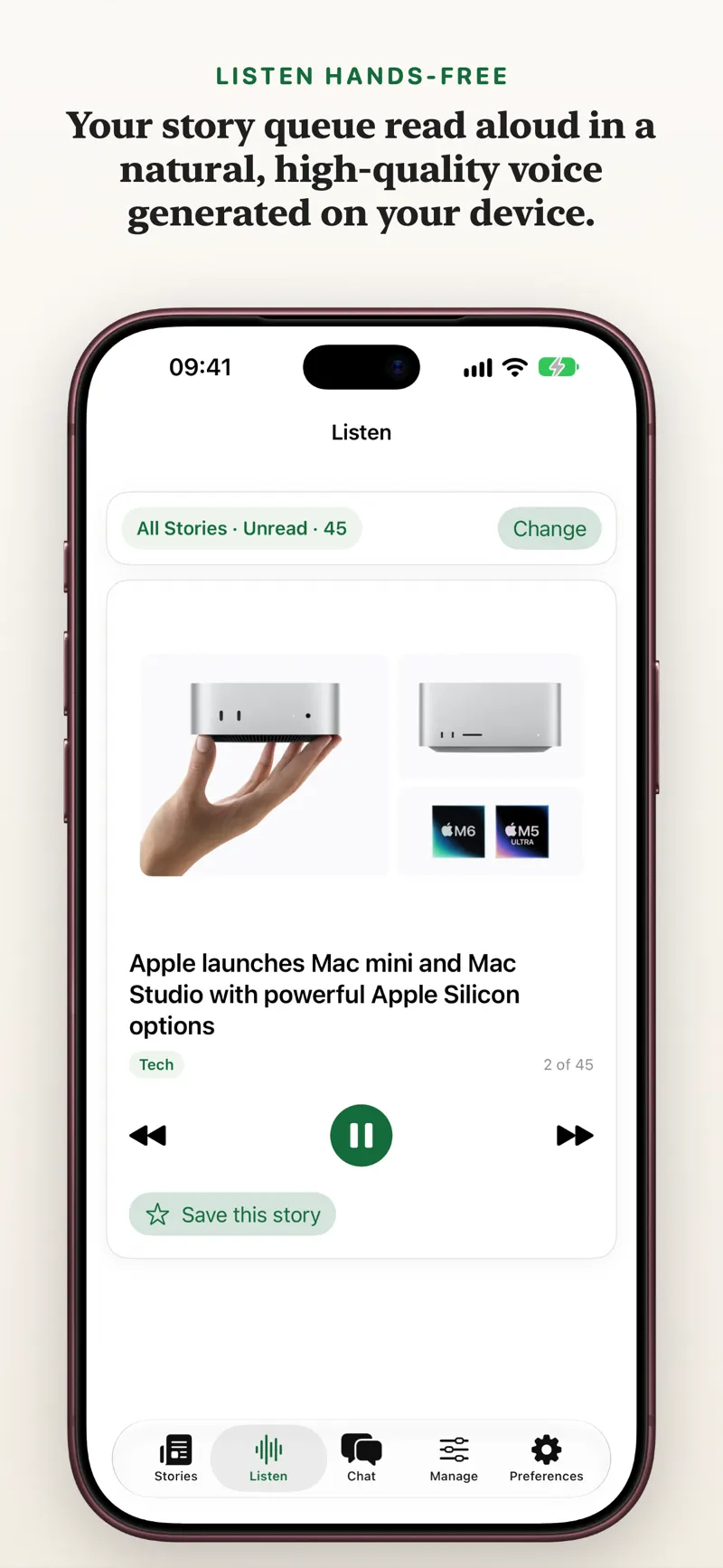 Listen mode on iPhone with a spoken queue of stories