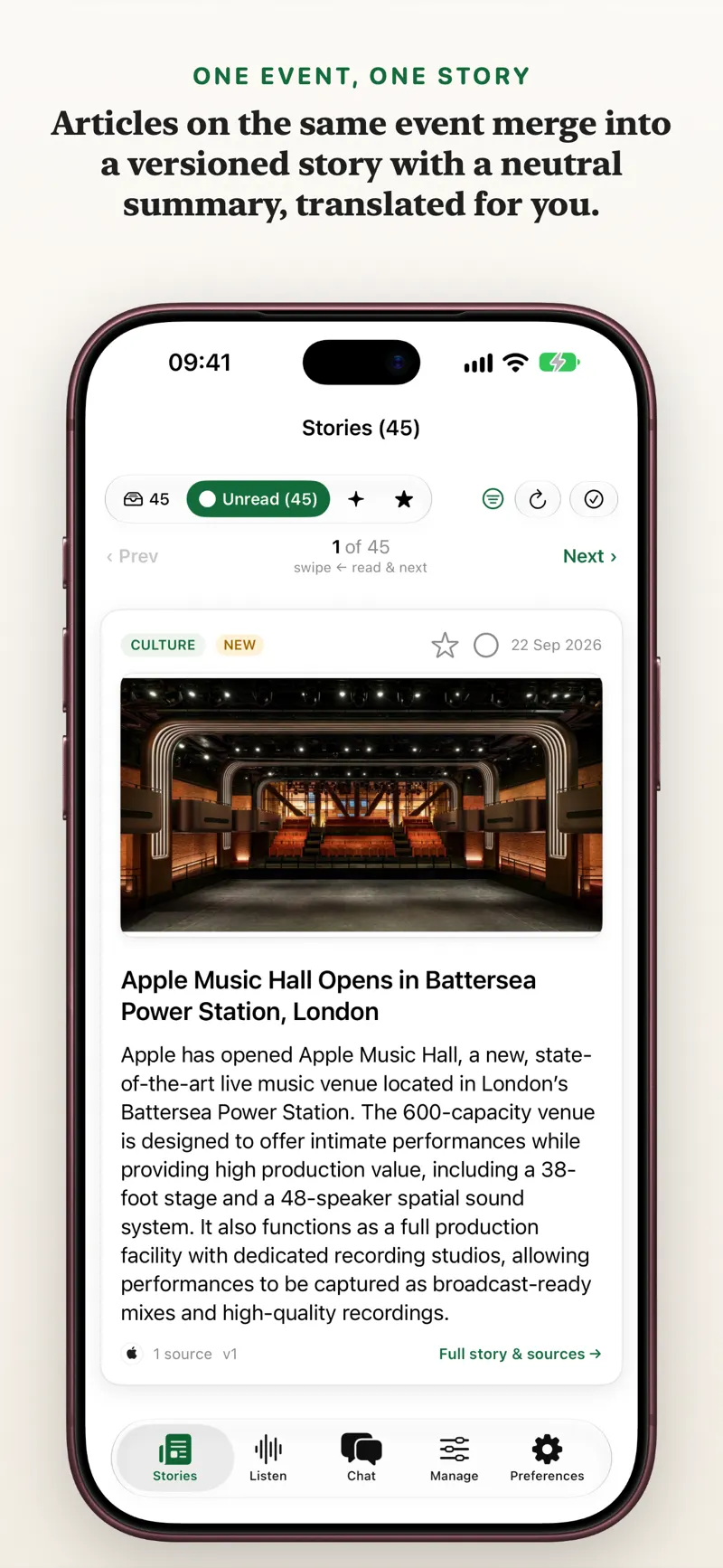 iPhone story card view for quick swipe-based news triage