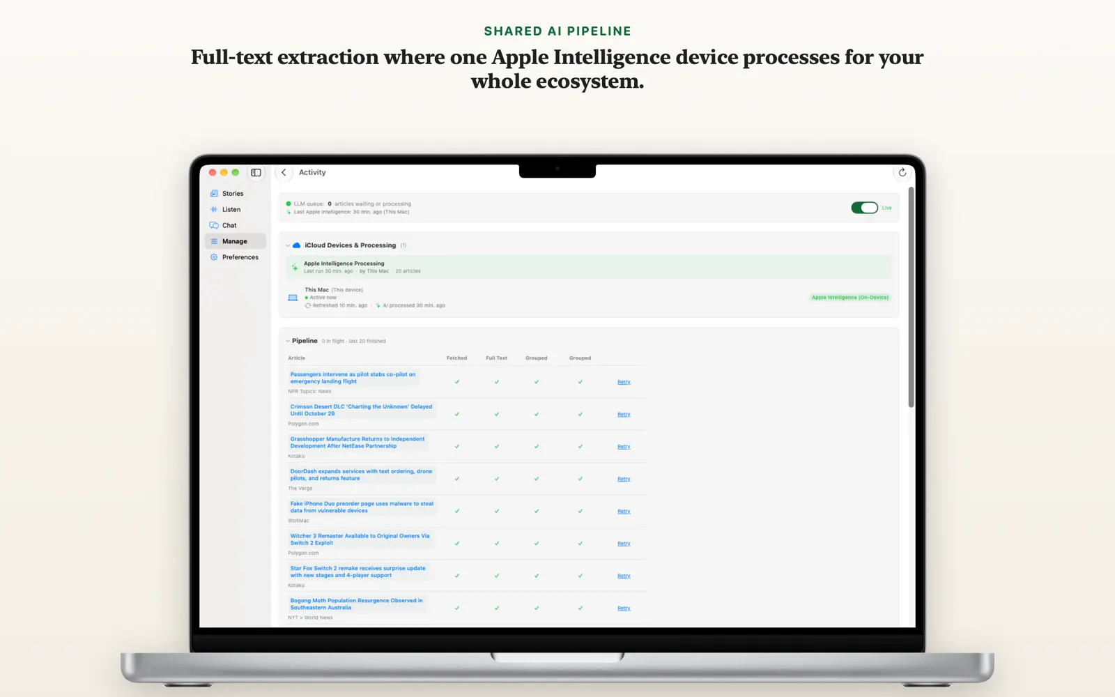 Mac activity view showing the NewsGator processing pipeline and live Apple Intelligence activity