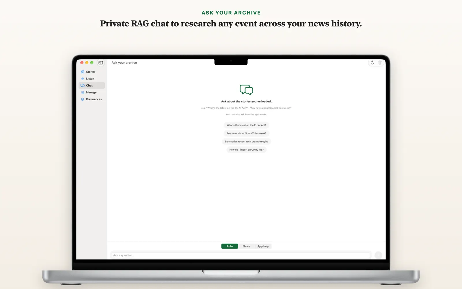 Archive chat on Mac answering a question with cited stories
