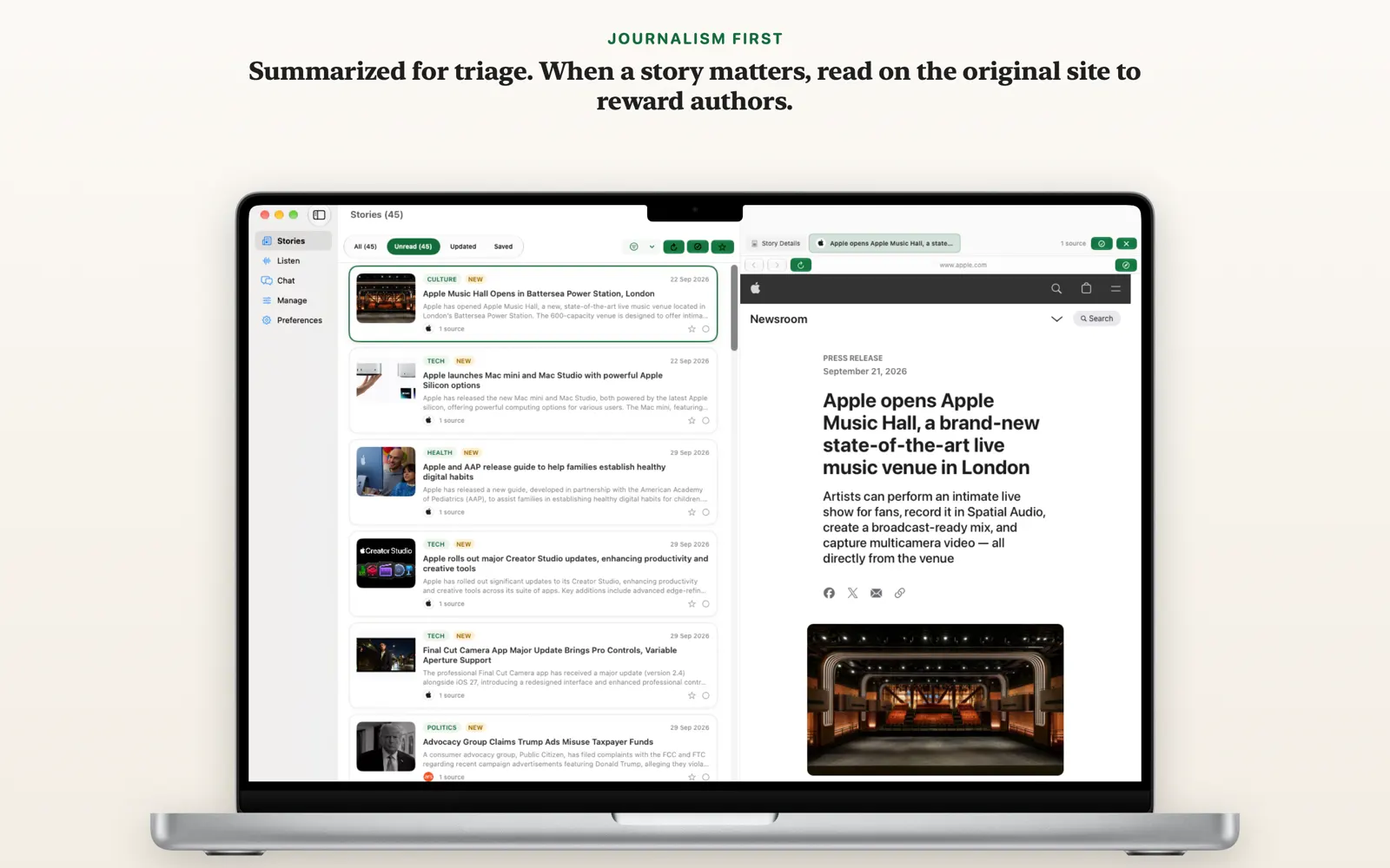 Mac story detail view with the original publisher page open beside the summarized story