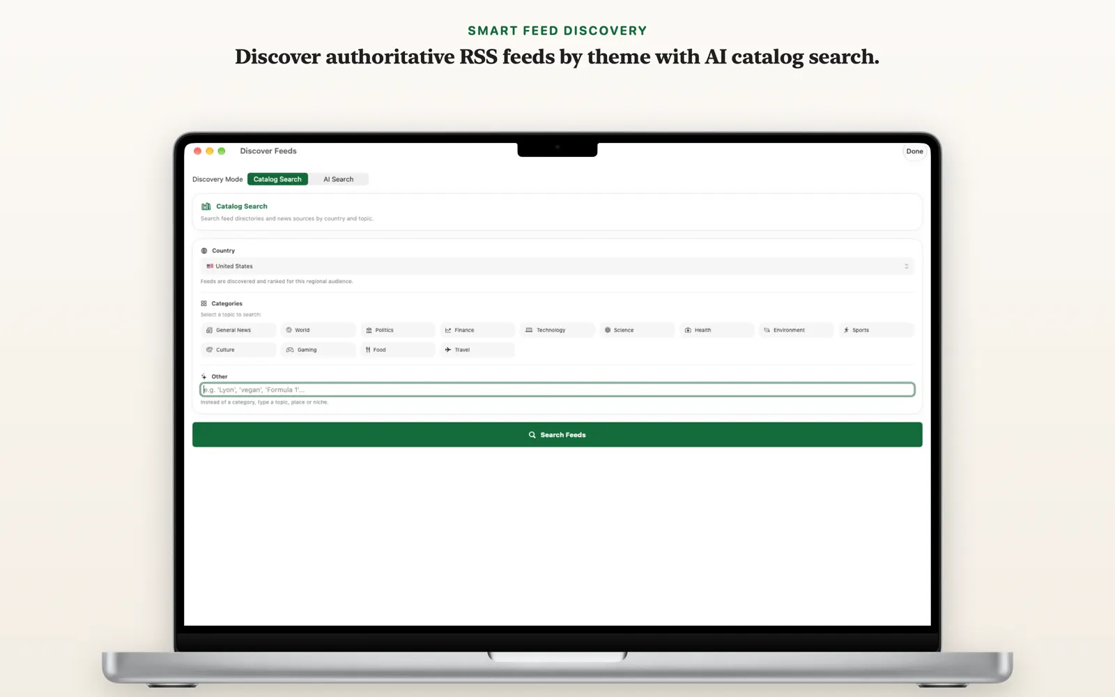Feed discovery on Mac: catalog search by country and category