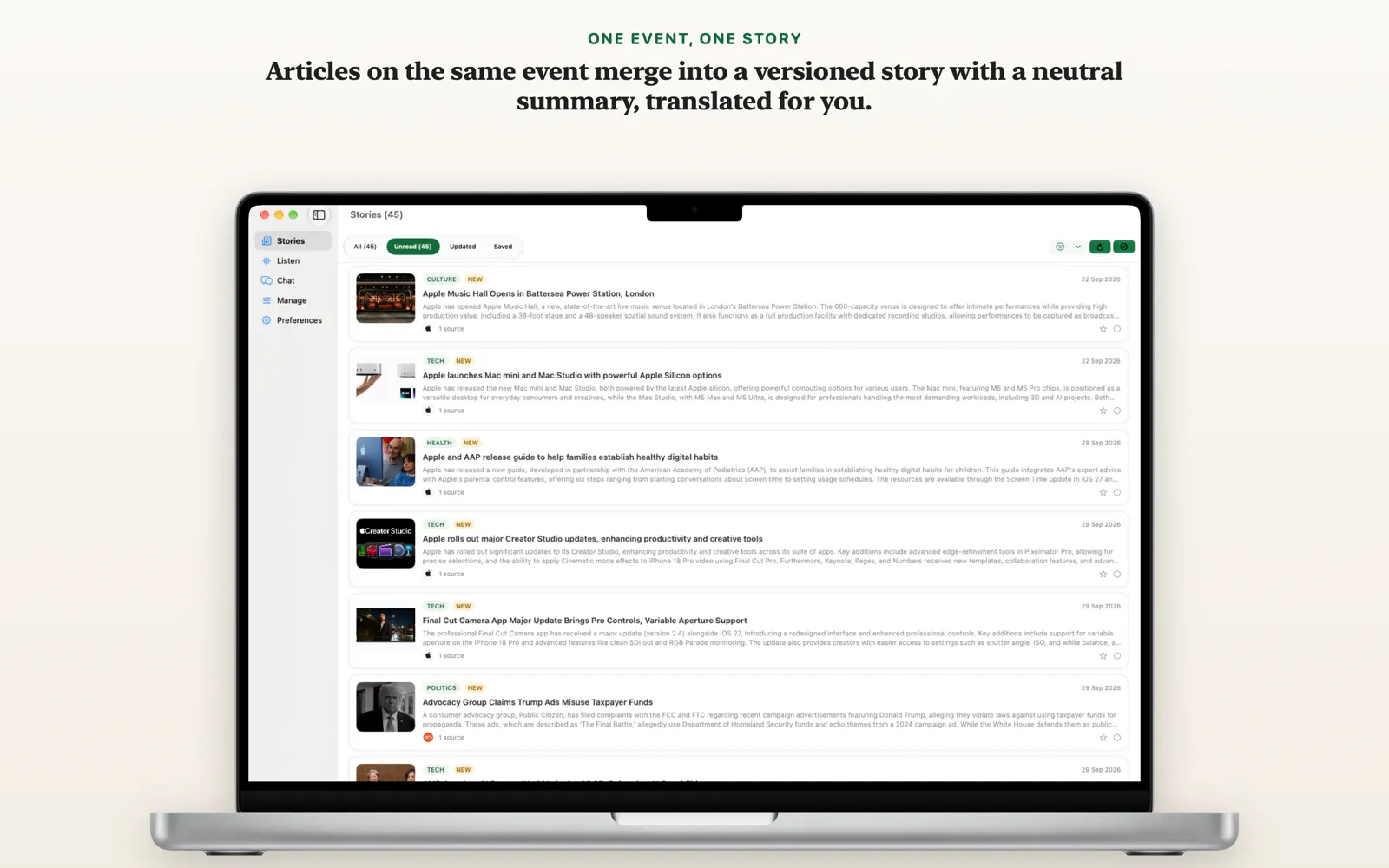 Mac stories view showing one card per event in the NewsGator triage list