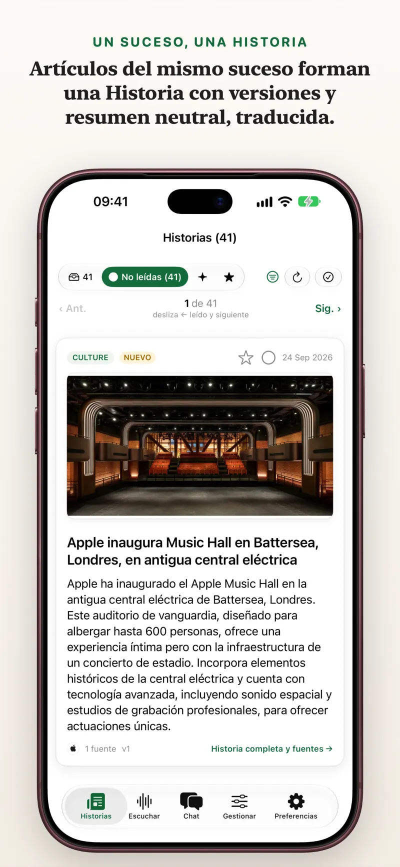 Vista de tarjeta de historia en iPhone para cribar noticias rápidamente con gestos