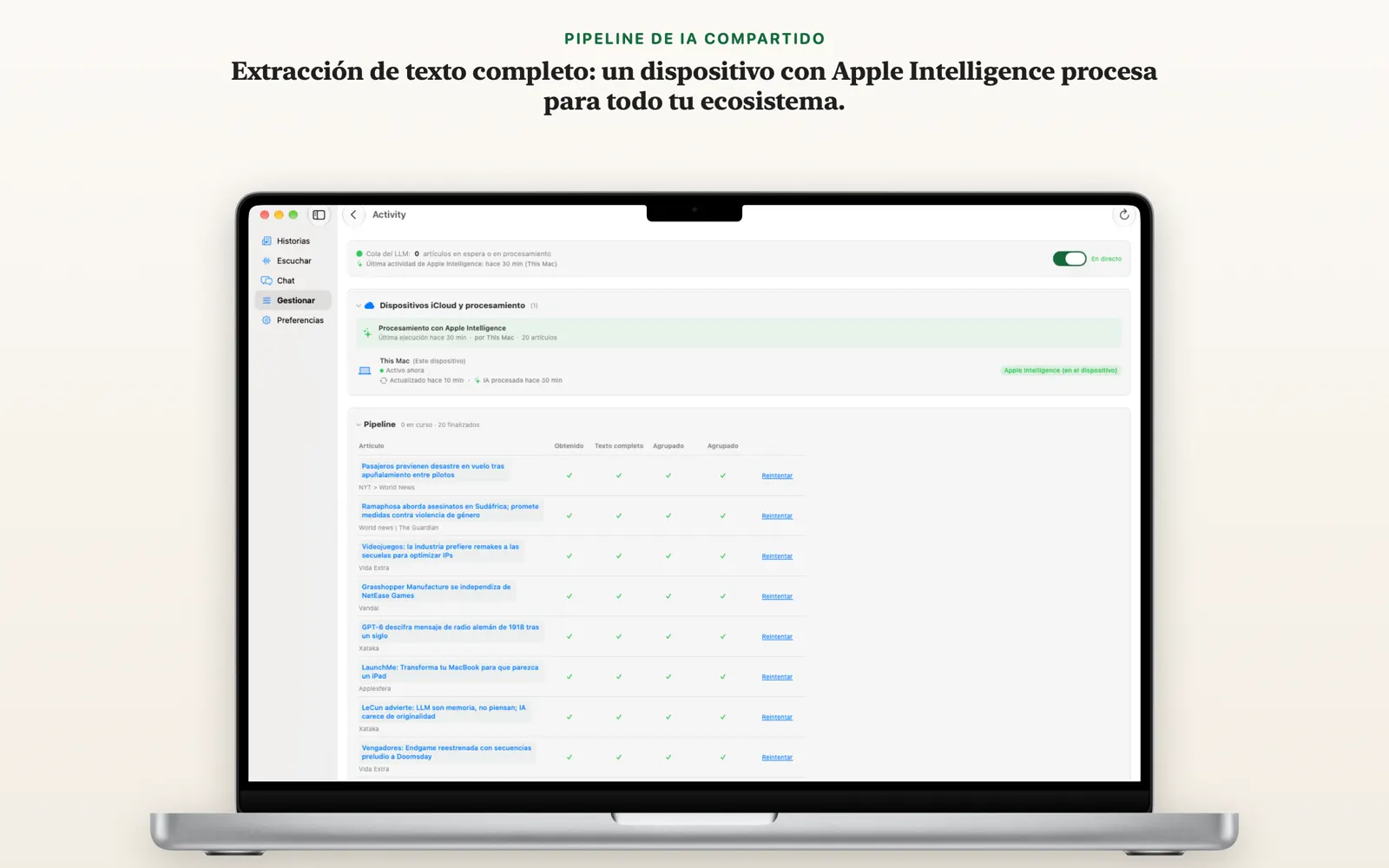 Vista de Actividad en Mac que muestra el flujo de procesamiento de NewsGator y la actividad en directo de Apple Intelligence