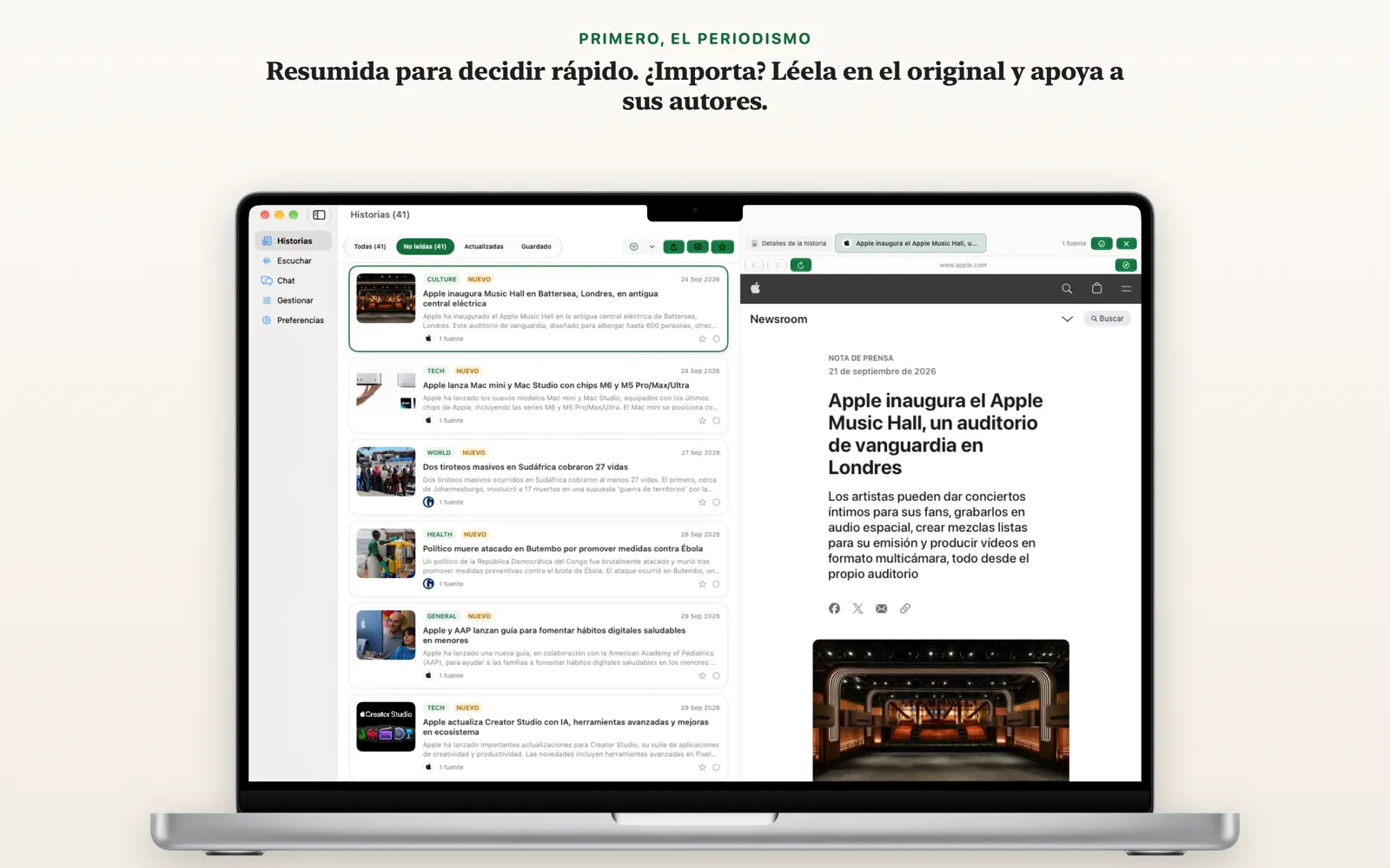 Vista de detalle de historia en Mac con la página del editor original abierta junto a la historia resumida