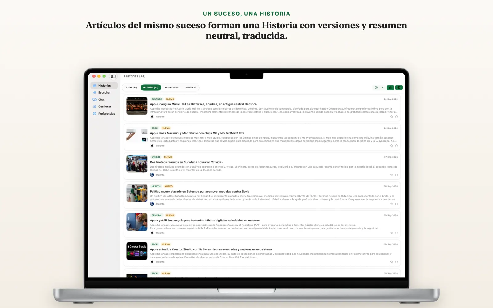 Vista de historias en Mac que muestra una tarjeta por suceso en la lista de cribado de NewsGator