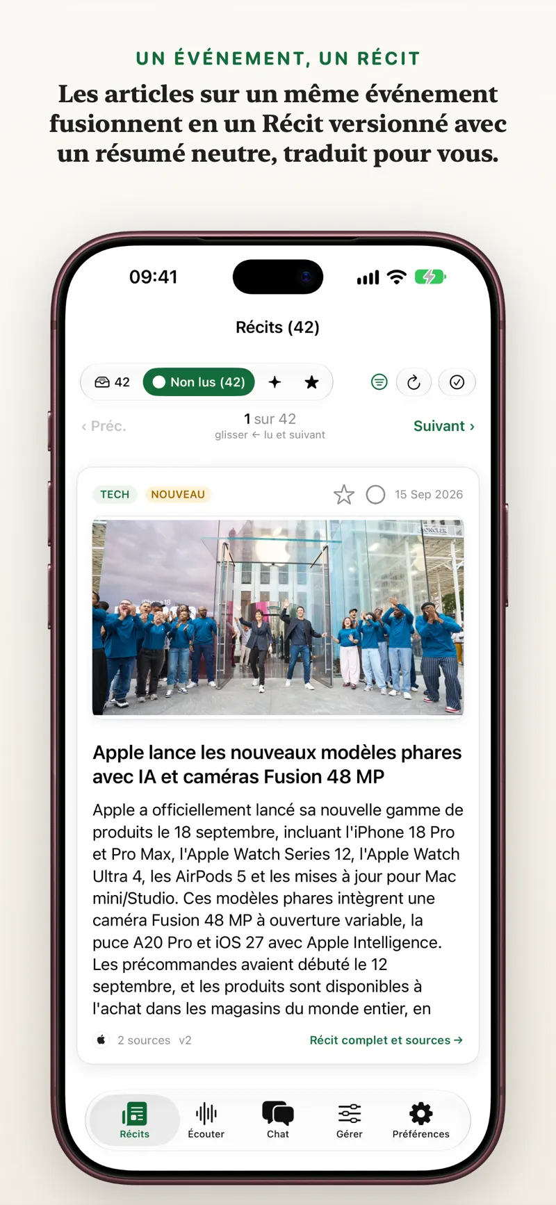 Vue carte de récit sur iPhone pour un tri rapide de l'actualité par balayage