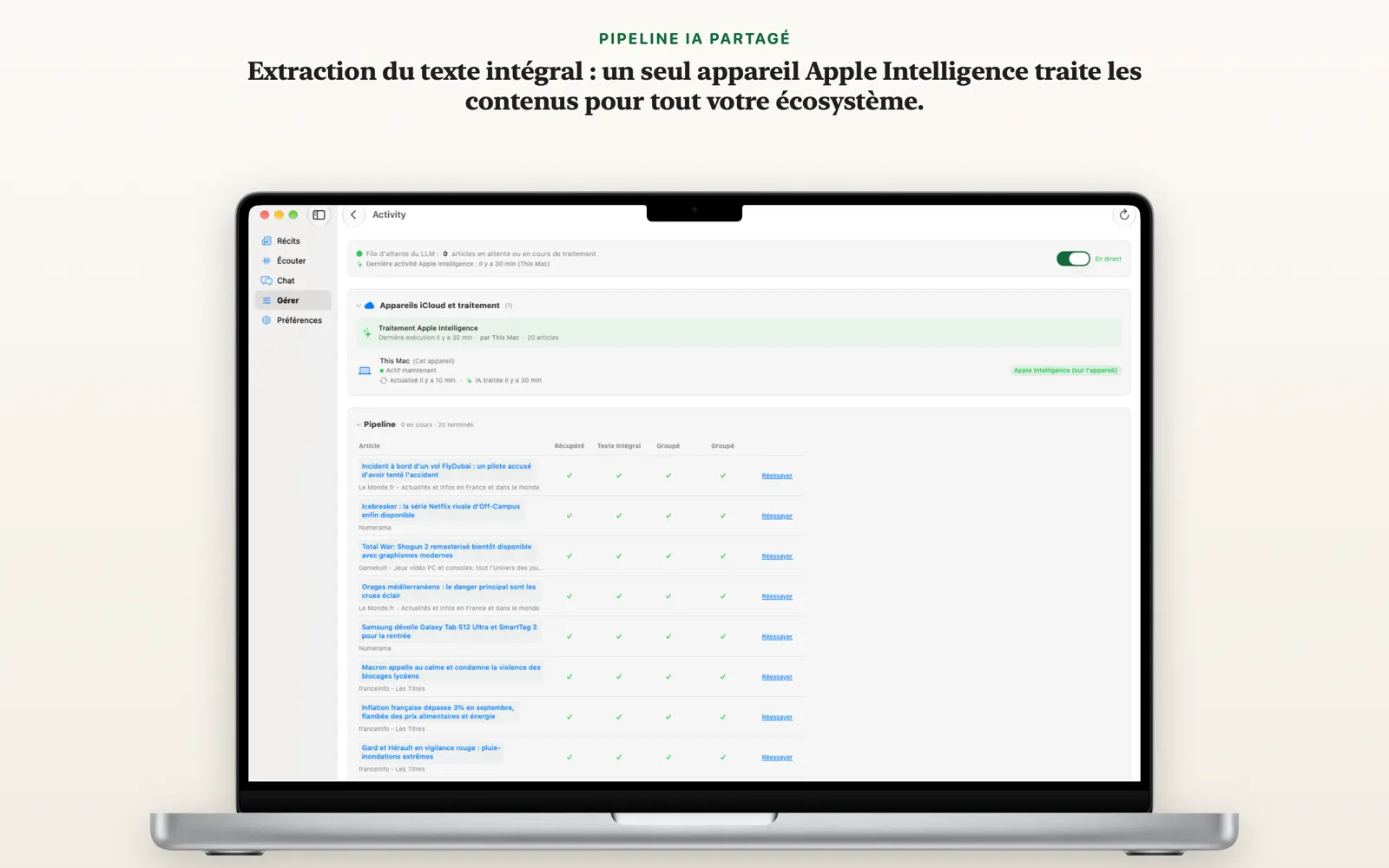 Vue Activité sur Mac montrant le pipeline de traitement NewsGator et l'activité Apple Intelligence en direct