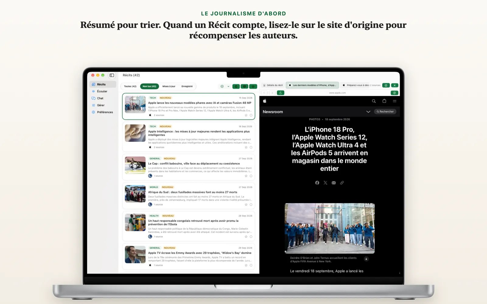 Vue détaillée d'un récit sur Mac avec la page de l'éditeur d'origine ouverte à côté du récit résumé