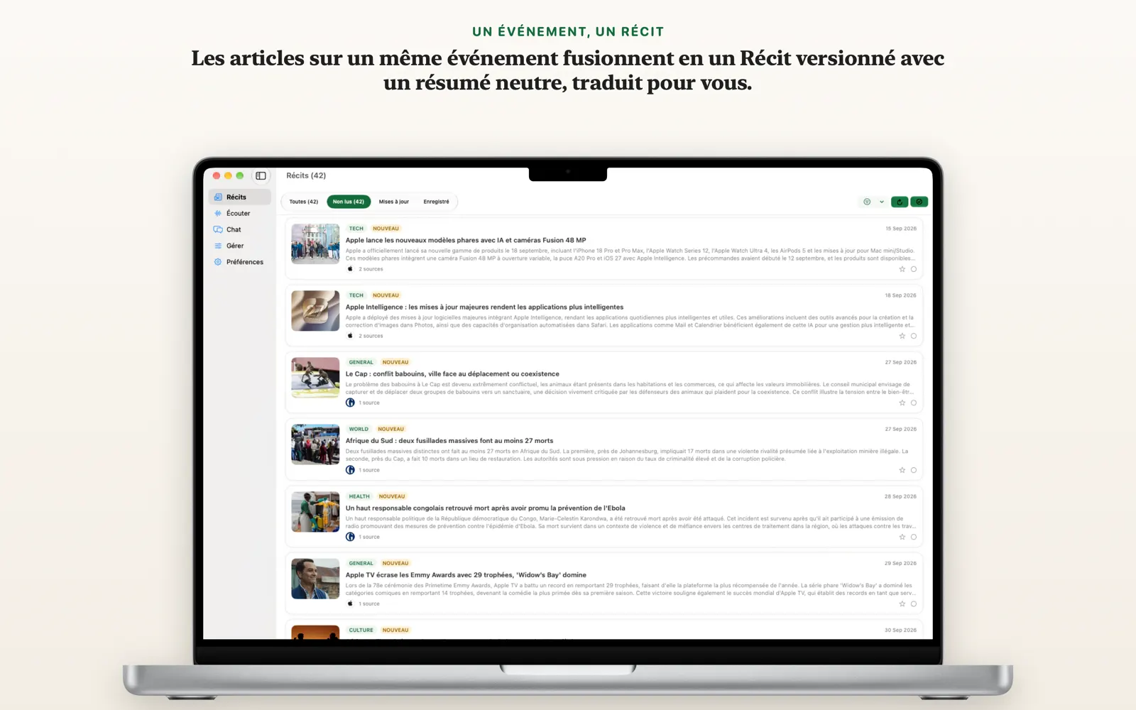 Vue Récits sur Mac montrant une carte par événement dans la liste de tri NewsGator