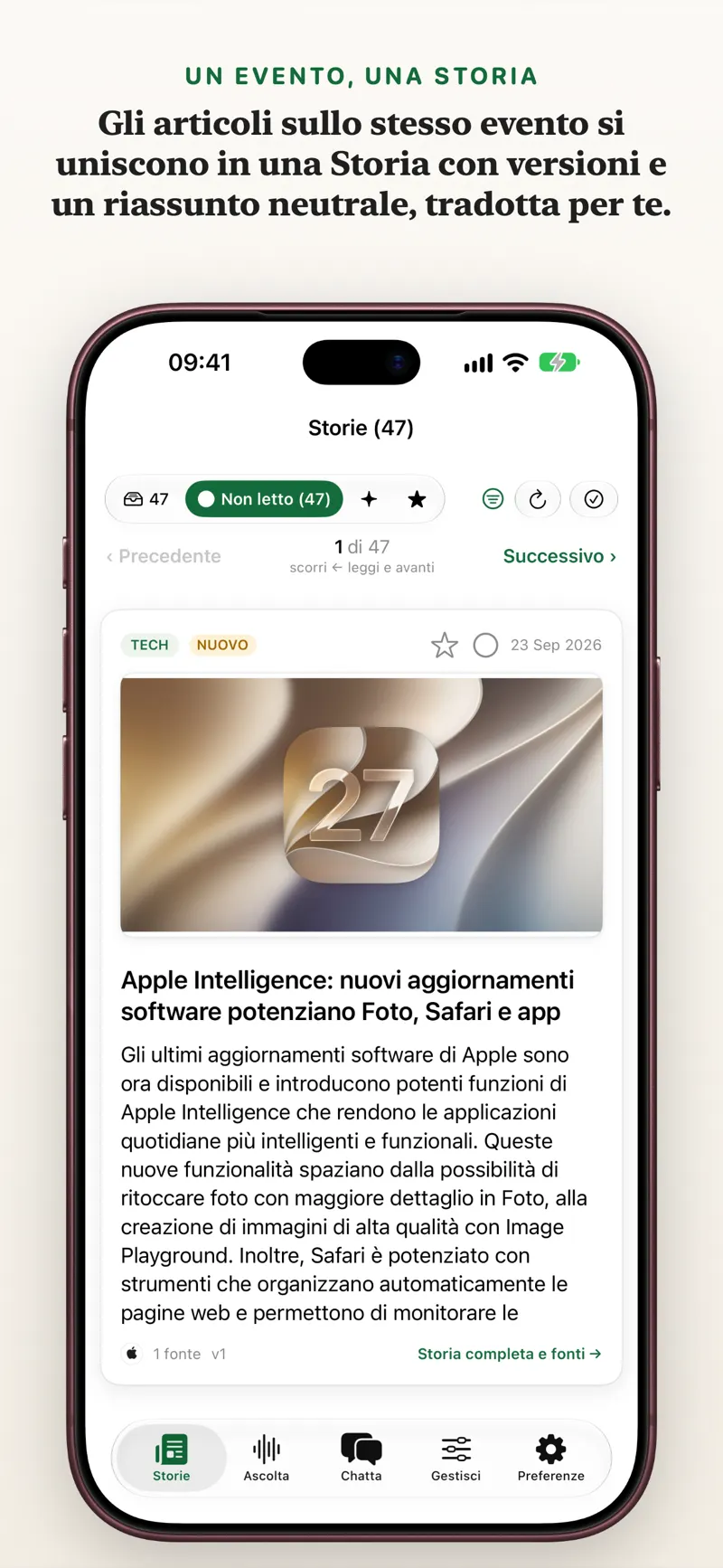 Vista scheda storia su iPhone per un triage rapido delle notizie con gesti