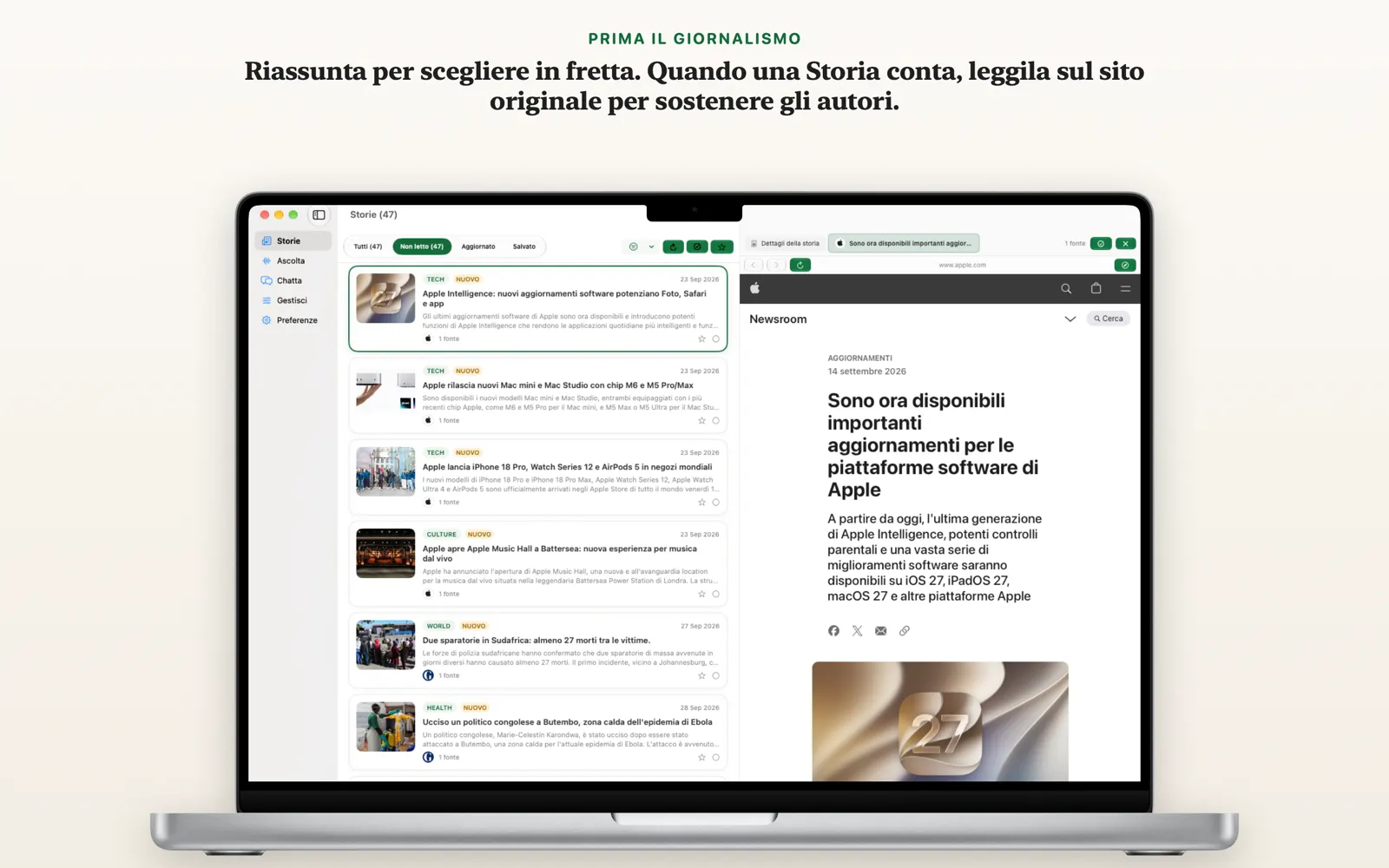 Vista dettaglio storia su Mac con la pagina dell'editore originale aperta accanto alla storia riassunta