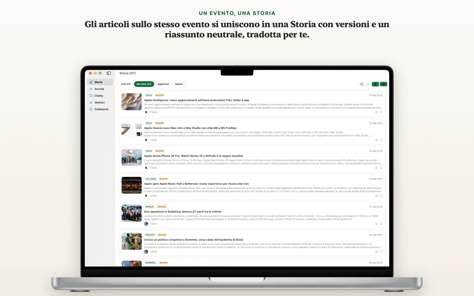 Vista Storie su Mac con una scheda per ogni evento nell'elenco di triage di NewsGator
