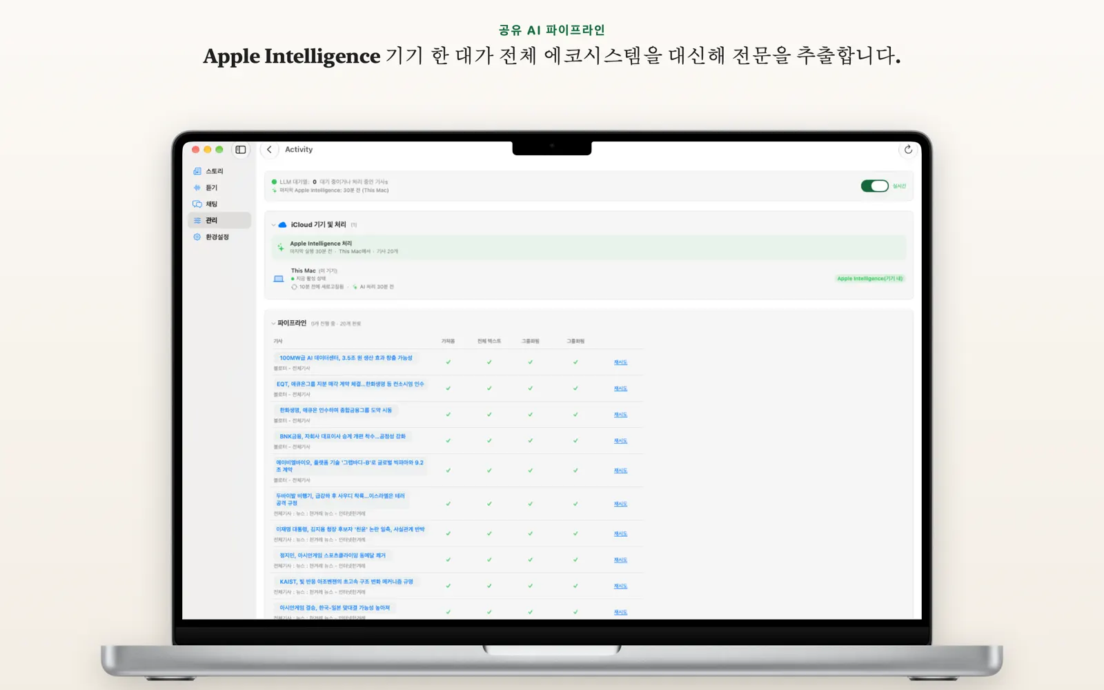 NewsGator 처리 파이프라인과 실시간 Apple Intelligence 활동을 보여 주는 Mac 활동 화면