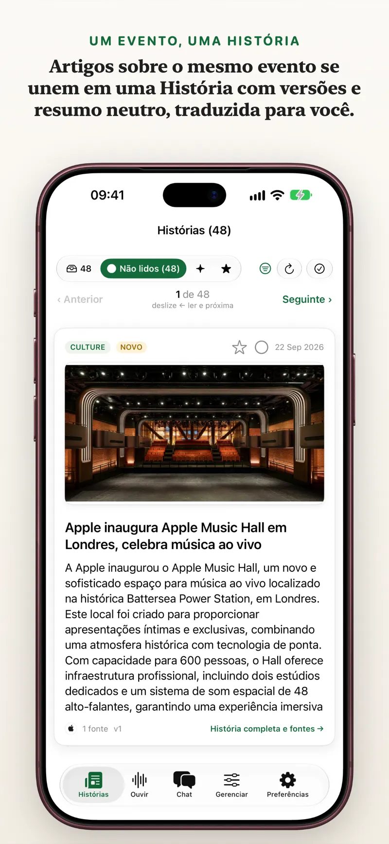 Tela de cartão de história no iPhone para uma triagem rápida de notícias por gestos