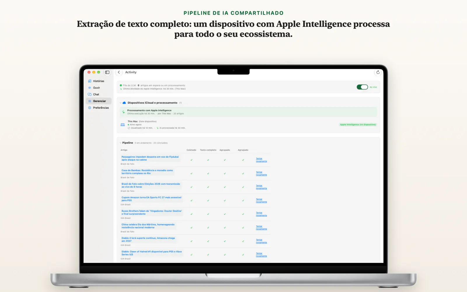 Tela Atividade no Mac mostrando o pipeline de processamento do NewsGator e a atividade ao vivo do Apple Intelligence