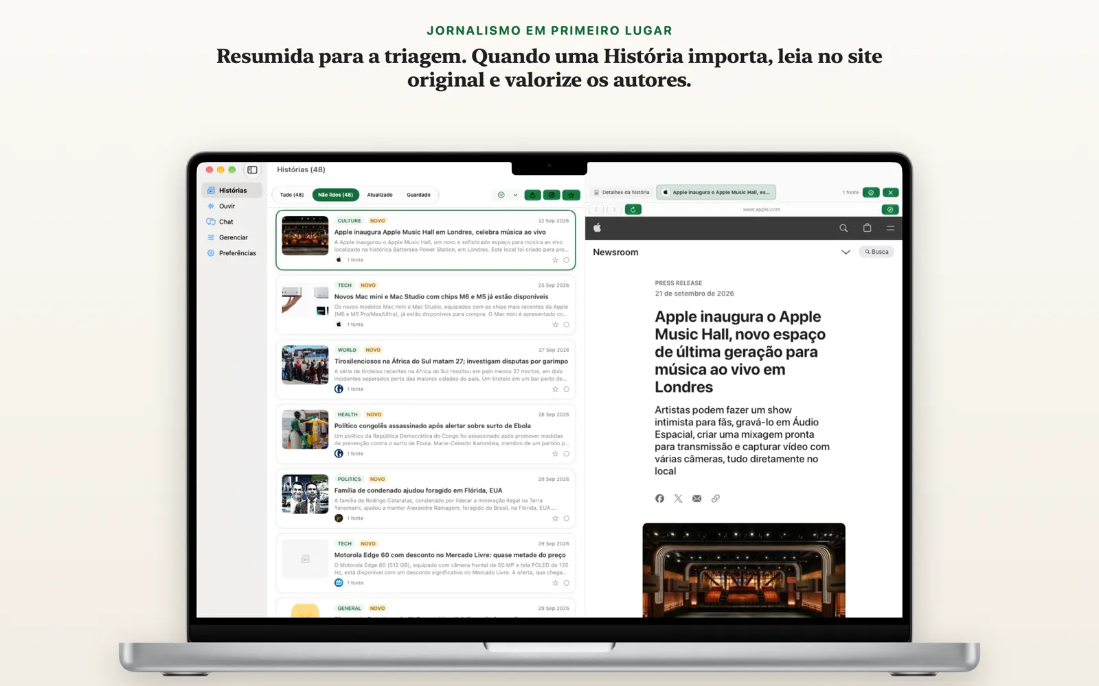 Tela de detalhes de uma história no Mac com a página do editor original aberta ao lado da história resumida