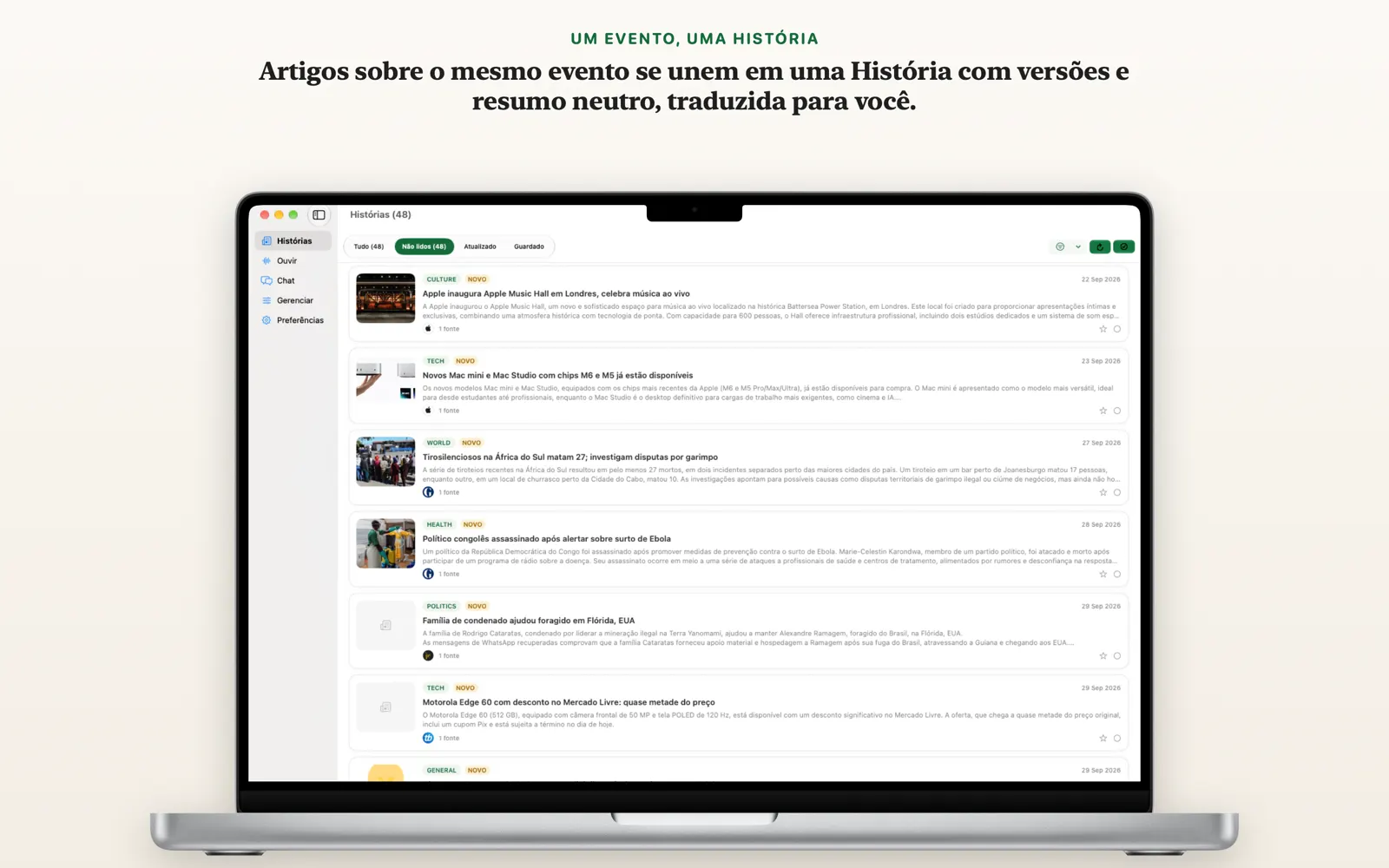 Tela Histórias no Mac mostrando um cartão por evento na lista de triagem do NewsGator